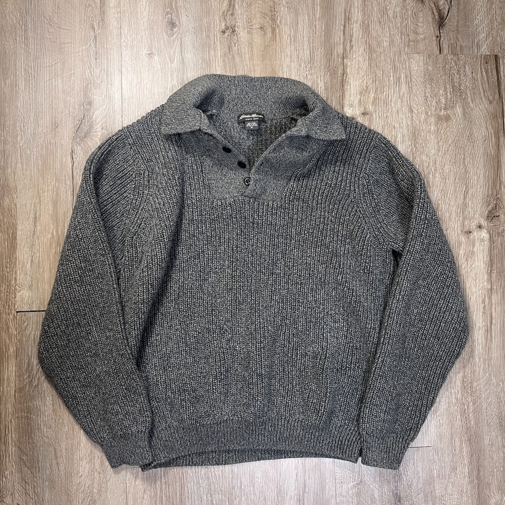 VTG Eddie Bauer Heavyweight Knit Sweater Gray XL Japan Cotton Button Collar